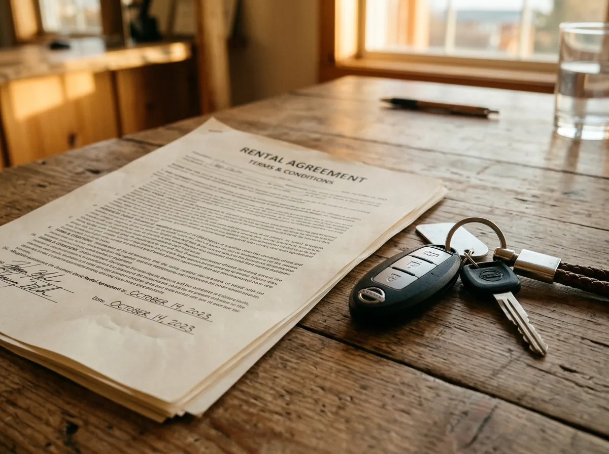 Крупный план договора аренды с мелким шрифтом, рядом ключи от автомобиля