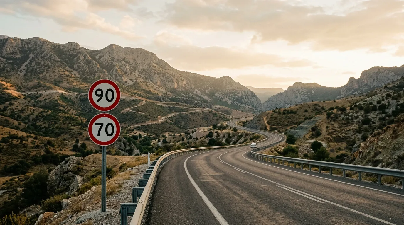 Турецкое шоссе с дорожными знаками ограничения скорости, горный пейзаж