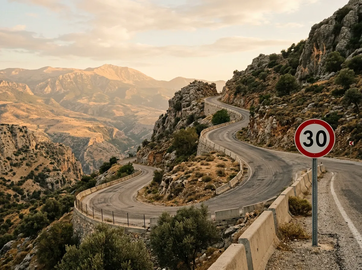 Узкая горная дорога в Турции, крутые повороты, знак ограничения скорости