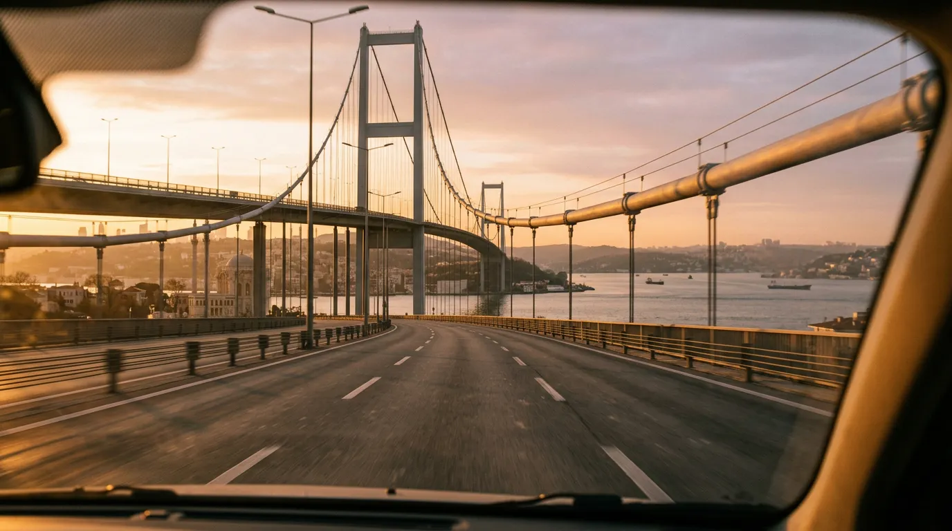Мост через Босфор на закате, вид с дороги