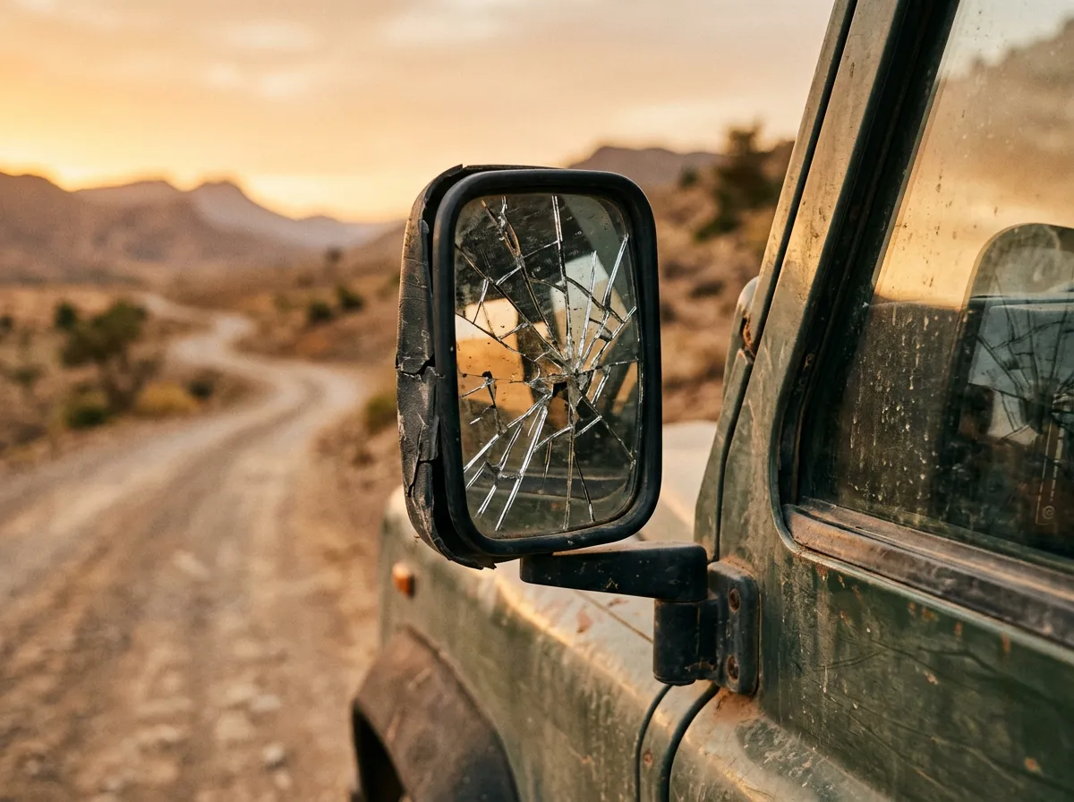 Повреждённое боковое зеркало автомобиля, крупный план