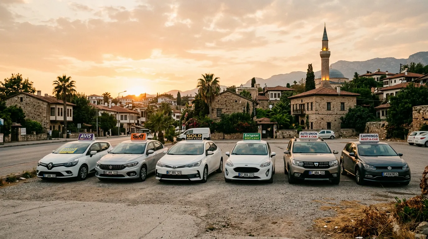 Парковка в турецком городе, ряд арендованных автомобилей с табличками прокатных компаний